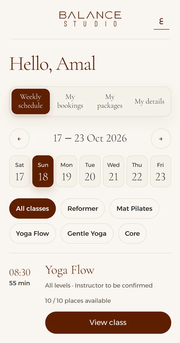 Balance Studio booking system: class schedule, sample account